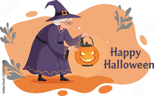 Witch holding jack o lantern pumpkin with happy halloween text in autumn colors vector illustration 