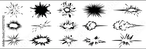 Line speed cartoon effect vector set with boom bursts, explosive smoke, and hand drawn doodle action motion lines