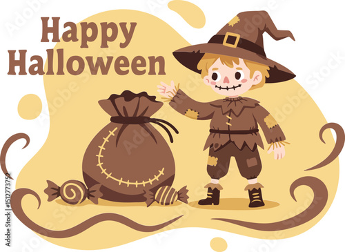 Halloween scarecrow with sack and candy illustration for festive autumn celebration greeting card design 