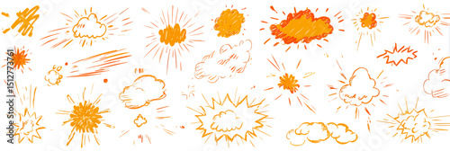 Line speed cartoon effect vector set with boom bursts, explosive smoke, and hand drawn doodle action motion lines