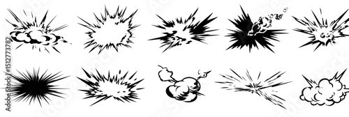 Line speed cartoon effect vector set with boom bursts, explosive smoke, and hand drawn doodle action motion lines