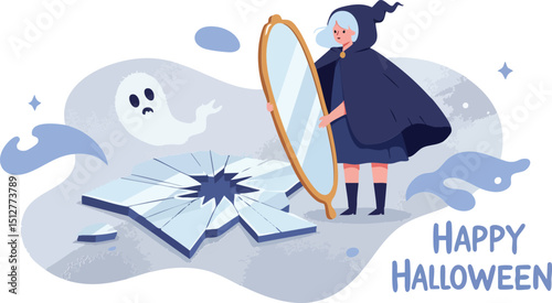 Girl in witch costume playing with ghost through magic hoop Halloween vector illustration 