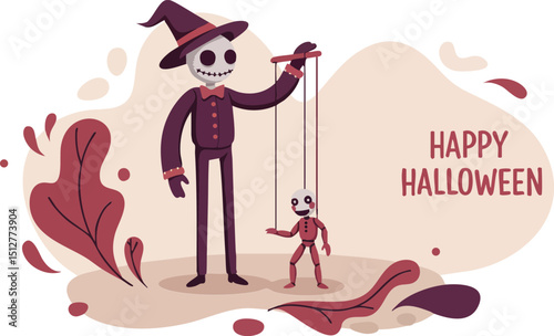 Skeleton Puppet Master Controlling Small Puppet in Halloween Theme Vector Illustration with Red and Brown Colors 