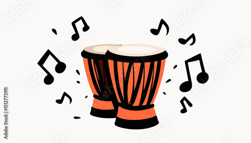 Minimalist Vector Illustration of Traditional African Bongo Drum with Musical Notes