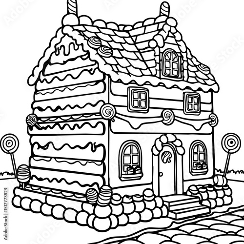 Festive Gingerbread Candy Cottage with Lollipop Garden for Coloring