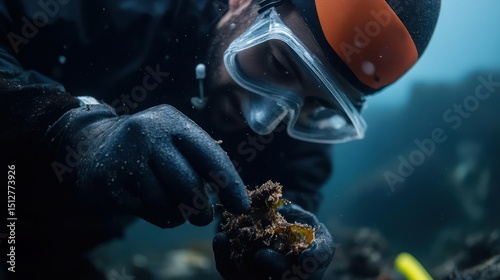 Marine Biologist Examining Seaweed Underwater