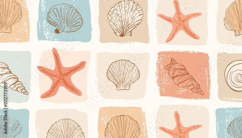 Minimalist Marine Seamless Pattern � Hand Drawn Seashells and Starfish in Frames for Tropical Beach Designs and Ocean-Themed Decor