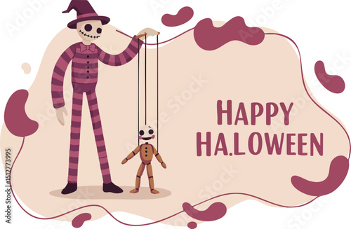 Halloween marionette puppeteer holding puppet with happy Halloween greeting in purple and beige vector illustration 
