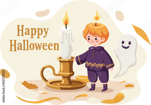 Child in Halloween Costume Holding Candle with Ghost Saying Happy Halloween Seasonal Illustration 