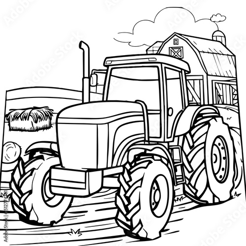 Big Farm Tractor with Barn and Hay Bales Coloring Page for Kids