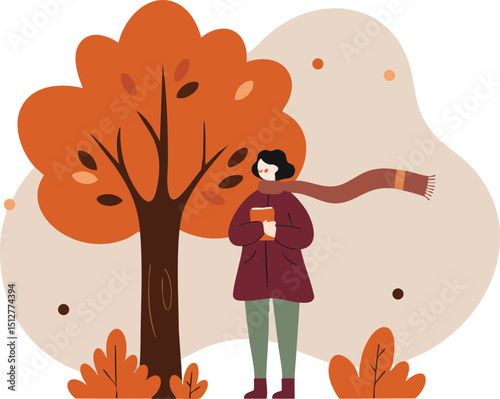 Person enjoying autumn coffee outdoors near orange tree with falling leaves vector illustration 