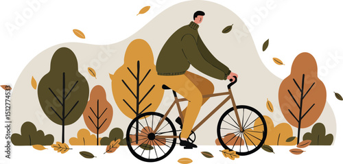 Man riding bicycle through autumn park with colorful trees and falling leaves vector illustration 