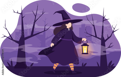 Witch walking in dark forest holding lantern with purple background vector illustration 