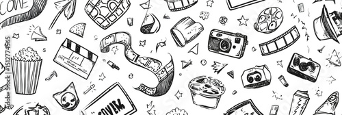 Movie and Cinema Vector Seamless Pattern � Hand Drawn Doodle Style Film, Festival, and Theater Elements for Media Background Illustration