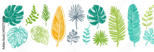 Hand-Drawn Tropical Leaves Collection  Vibrant Crayon Illustrations of Palm, Monstera, and Fern Leaves
