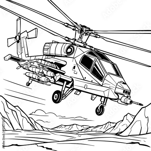 Realistic Attack Helicopter Flying Through Rugged Mountain Terrain
