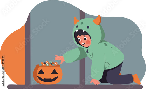 Child dressed in green monster costume collecting candy from pumpkin bucket for Halloween celebration at night indoors 
