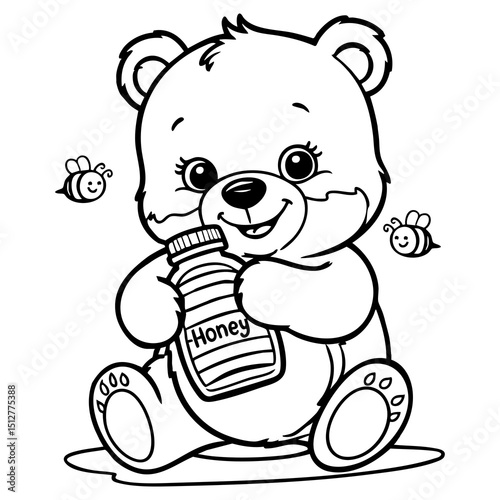 Happy Bear Holding a Honey Jar with Bees Flying Around
