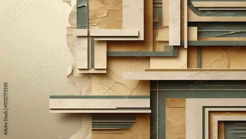 A minimal, geometric abstract artwork with layered textures, clean lines, and a muted color palette of beige, brown, and gray, evoking a modern architectural feel with vintage tones.
