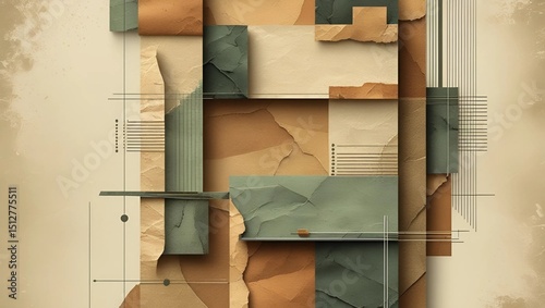 A minimal, geometric abstract artwork with layered textures, clean lines, and a muted color palette of beige, brown, and gray, evoking a modern architectural feel with vintage tones.