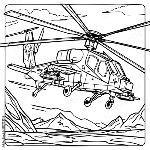 Military Attack Helicopter in Mountain Landscape Coloring Page