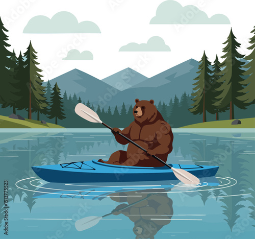 Bear Kayaking on Lake Surrounded by Pine Trees and Mountains Vector Illustration 