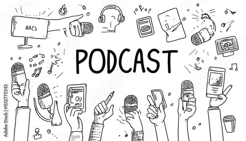 Hand-Drawn Podcast Doodle Illustration Engaging Audio Content Design