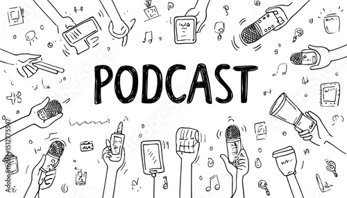 Hand-Drawn Podcast Doodle Illustration  Microphones, Devices, and Engaging Content
