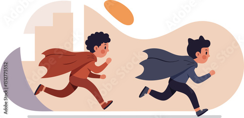 Two boys running with capes in playful superhero costume chasing each other in urban background vector illustration 