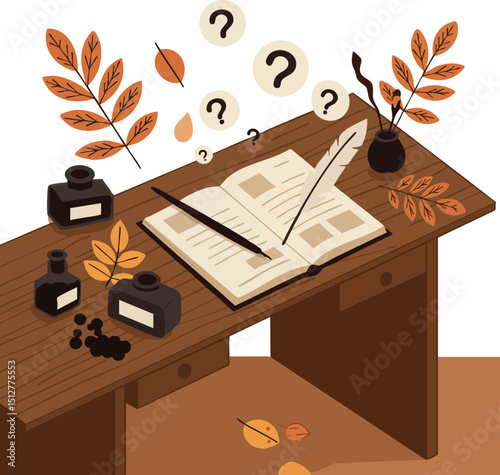 Autumn writing desk with ink bottles quill pen and falling leaves vector illustration 