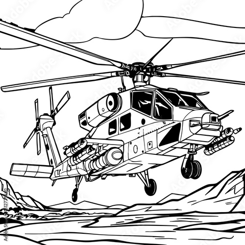 Powerful Armed Military Helicopter Flying Over Rugged Terrain