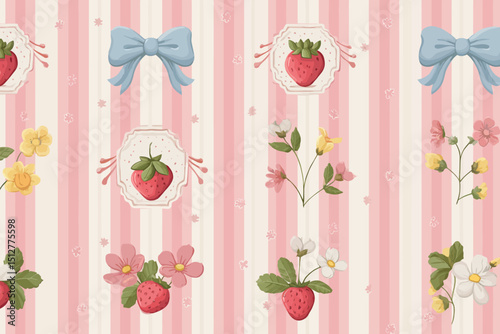 Pretty Pink Strawberry Seamless Pattern with Flowers and Bows - Cute Preppy Design