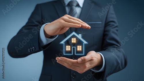 Businessman Holding And Protecting Glowing House Icon Representing Real Estate Insurance Property Security Investment And Home Ownership