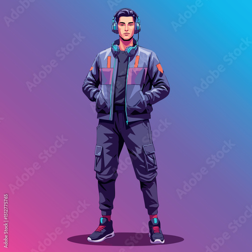 Young man wearing headphones and casual clothes standing with hands in pockets vector illustration 