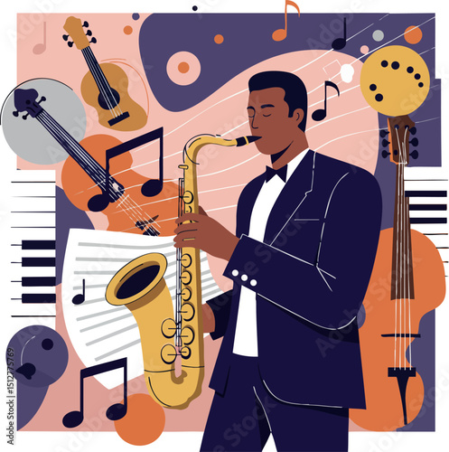Jazz saxophone player performing with musical instruments and notes background vector illustration 