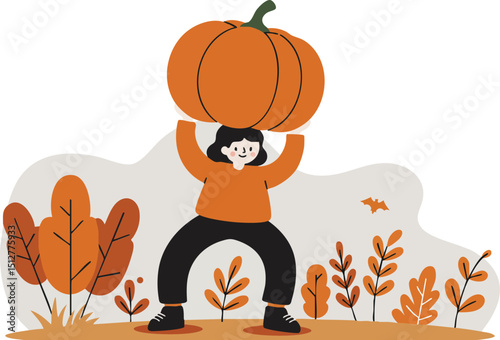 Person holding large pumpkin with autumn foliage and seasonal plants vector illustration in orange and black colors 