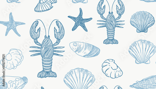 Seamless Marine Life Pattern Blue Lobster, Starfish, and Shells Illustration