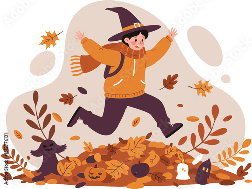 Child wearing witch costume jumping over autumn leaves surrounded by pumpkins and small animals Halloween theme vector illustration 