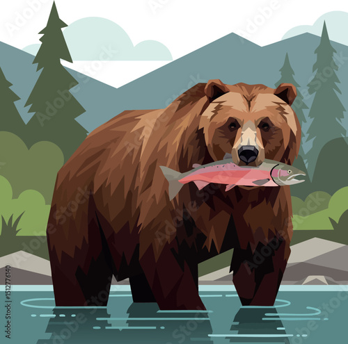 Brown bear catching salmon in river with forest and mountain background vector illustration 