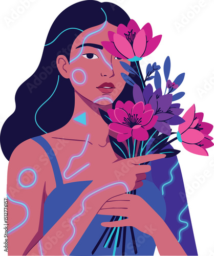 Woman holding pink and purple flowers with neon electric lines vector illustration 