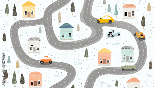 Whimsical Town Seamless Pattern Childish Illustration of Cars and Houses
