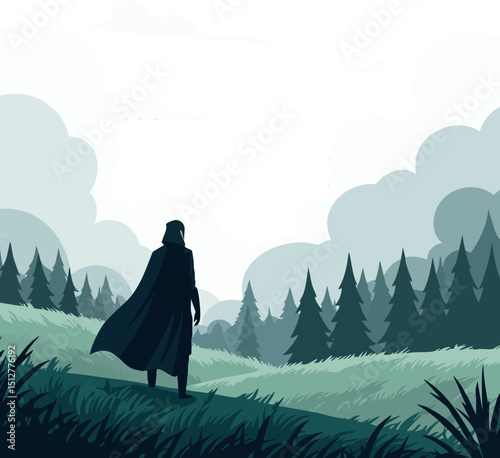 Silhouette of cloaked figure standing on grassy hill with evergreen forest background vector illustration 