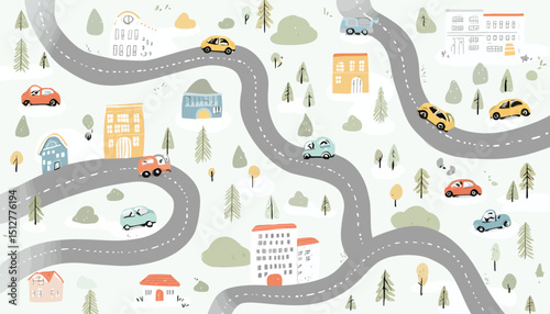 Whimsical Cityscape Seamless Pattern Childish Cars, Houses, and Winding Roads Illustration