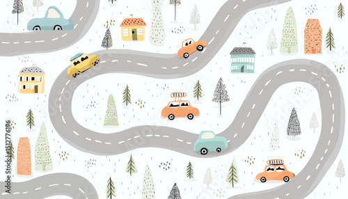Whimsical Children's Seamless Pattern Cars, Houses, and Winding Roads