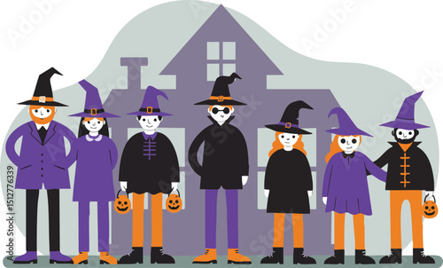 Group of Children Wearing Halloween Witch Costumes Carrying Pumpkin Buckets in Purple and Orange Colors 
