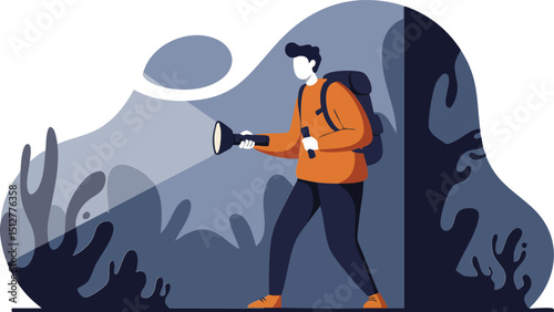 Man exploring dark cave with flashlight hiking adventure outdoor activity vector illustration 