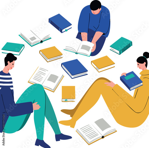 People sitting reading books in circle with blue yellow green covers vector illustration 
