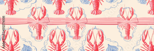 Seamless Lobster Pattern Hand-Drawn Illustration of Red Lobsters with Pink Ribbon