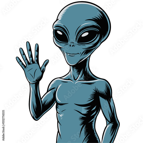 Blue Grey Alien Waving in Stylized Comic Illustration