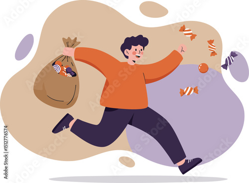 Young man running with sack full of candy and sweets in colorful vector illustration 